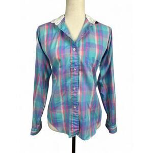 Vintage 70s Multicolor Pastel Plaid Button Up White Collar Blouse Sz 13 Large